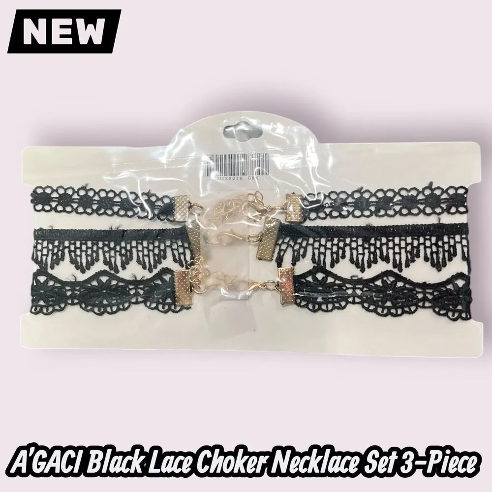 New A’GACI Black Lace Choker Necklace Set 3-Piece Adjustable